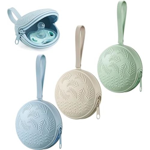 PandaEar 3 Pack Silicone Pacifier Holder Case, Portable Travel Pacifier Pouch for Newborns, BPA-Free Silicone Pacifier Storage Container for Boys & Girls (Green, Blue, Cream)