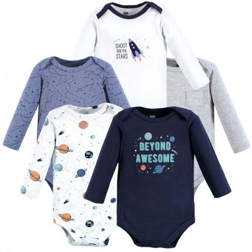 Hudson Baby Boy's 100% Cotton Long-Sleeve Onesie Bodysuit Multipack, Space Theme, 5-Pack, 6-9 Months