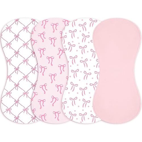 Boao 4 Pcs Pink Bows Baby Burp Cloths Pink Bow Soft Plush Newborn Spit up Rags Coquette Burp Cotton Cloths Rag for Boy Girl Newborn Infant Gifts Nursery Decor 20.87 x 9.84 Inches