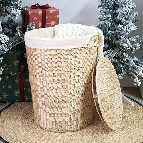 Handmade Wicker Laundry Basket with Lid,Hand-woven Laundry Hamper with Removable Liner,Large Laundry Basket with Ample Laundry Space