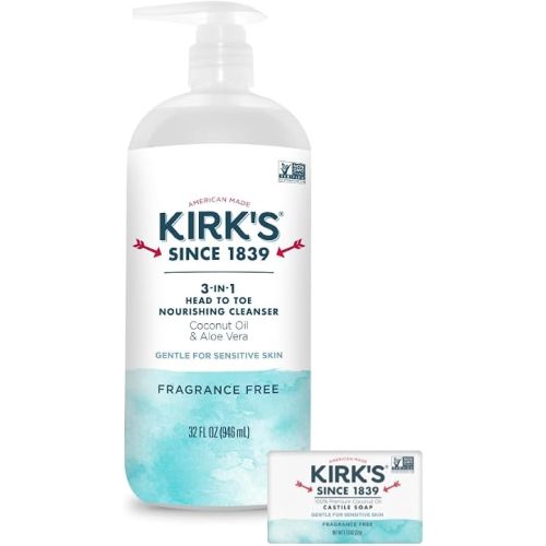 Kirk's Fragrance Free 3-in-1 Nourishing Cleanser and Travel Bar Soap, Shampoo Body Wash Bubble Bath, Coconut Oil and Aloe Vera, Vegan Non-GMO, 32 Fl Oz