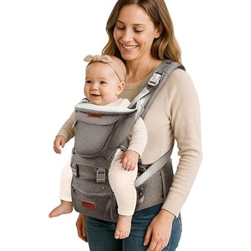 SUNVENO 3 in 1 Ergonomic Baby Carrier with Hip Seat for Newborns and Toddlers, Supports 20 lbs and Up, Waist and Back Relief with Large Weight Capacity for All Season Use, Grey