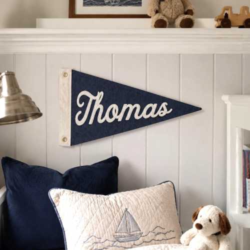 Custom Embroidered Name Pennant Flag, Personalized Nursery Canvas Banner, Name Sign, Kids Room Wall Decor, Unique Newborn Baby Shower Gift