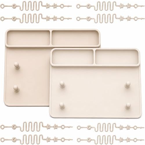 2 Pack Baby Silicone Mat with Suction Base & 8 Stretchable Straps, Lovbaby Baby Placemats, Portable Anti-Drop Activity Mat for High Chair & Table, Keeps Pacifiers & Toys Clean (Cream+Light Grey)