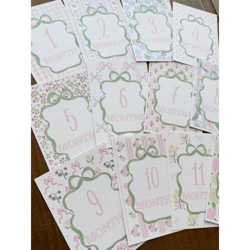 READY TO SHIP Baby Girl Milestone Cards, Pink Floral Watercolor, Linen Texture Photo Props