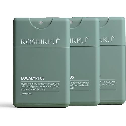 Noshinku - Refillable Hand Sanitizer Eucalyptus 3-Pack, Travel Size Spray with Hydrating Botanical Oils, Natural Ingredients, All Natural Fragrances, Sugarcane Derived Alcohol, No Parabens, No Dyes