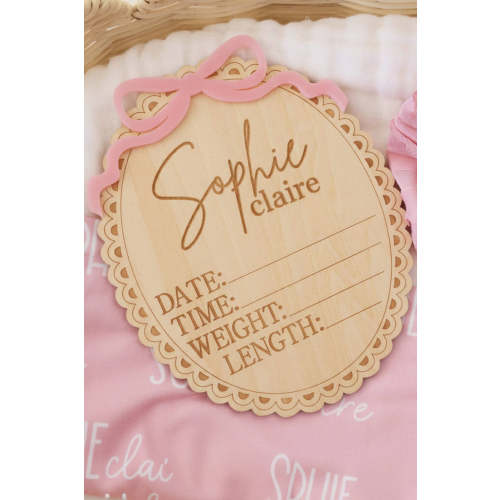 Personalized Birth Stats Wood Announcement in Precious Bow | Caden Lane