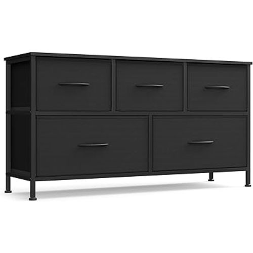 SONGMICS Dresser for Bedroom, Chest of Drawers, TV Stand, Steel, MDF, 5 Non-Woven Fabric Drawers, Storage Organizer Unit, Closet, Entryway, Ink Black and Ebony Black ULGS322B01S