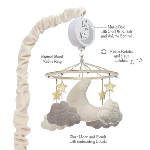 Lambs & Ivy Goodnight Moon & Clouds Musical Baby Crib Mobile Soother Toy | Plays 3 Lullabies w/ Volume Control, Fits Most Standard & Mini Cribs, Moon, Clouds, & Stars Mobile