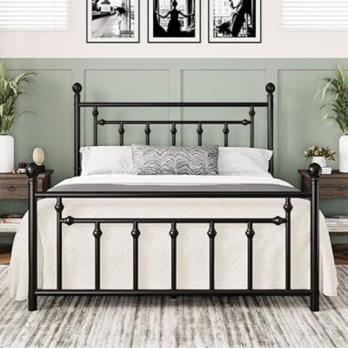 Allewie 14 Inch Queen Size Metal Platform Bed Frame with Victorian Vintage Headboard and Footboard/Mattress Foundation/Under Bed Storage/No Box Spring Needed/Easy Assembly/Noise Free/Black