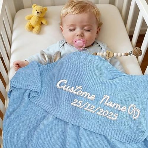 Personalized Baby Blanket with Name, 30x40in Customized Baby Blanket with Pacifier Clip, Knit Blanket with Name/Date, Custom Baby Gifts for Newborn