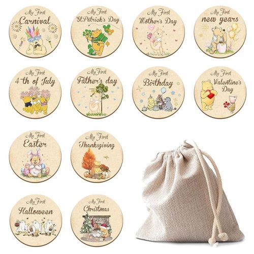 Winnie 6PCS My First Holiday Milestone Signs, Pooh My First Holiday Baby Milestone Double Sided Baby Months Wooden Signs with Storage Bags, The Pooh Deck Wooden Discs Announcement Sign,Winnie Gifts