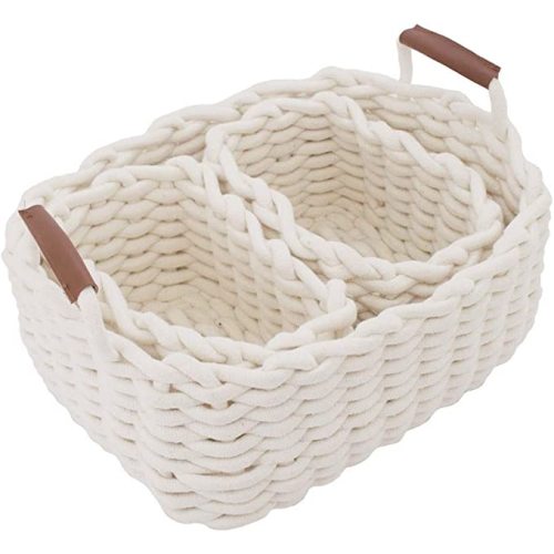 Cotton Rope Blanket Storage Basket for shelf,small decorative woven basket Organization and storage for Candy Food Nursery Baby Clothes Towels Diaper Caddy Books (Set of 3, White) - Ivory white