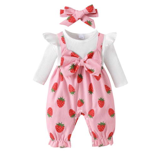 Tiijoy Newborn Girls Strawberry Print Long Sleeve Rib Jumpsuit with Headband, Sizes 3-6M