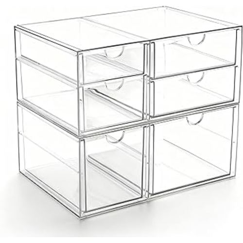 Prsildan Acrylic Drawer Makeup Organizer with 6 Drawers (Not for Baby Bottle), Set of 2 Office Desk Organizers Accessories, Clear Stackable Storage Drawers for Vanity, Craft (Largest Drawer 4" Tall)
