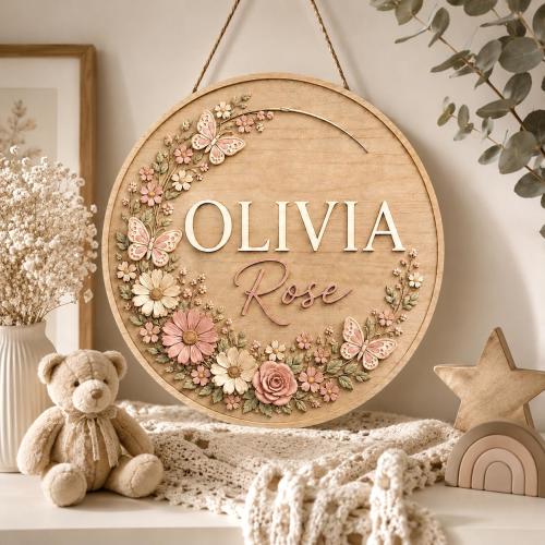 Personalized Floral Nursery Name Sign, Custom Wooden Baby Name Plaque, Boho Baby Girl Room Decor, Round Wood Wall Sign Gift