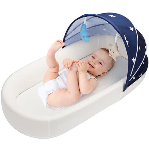 Bnakkon Portable Baby Lounger - Travel Bassinet for Newborn, Infant and Toddler, Suitable for Indoor & Outdoor Carrying, Mini Cribs Co Sleeper for Baby in Bed, Lightweight Foldable Washable, Blue