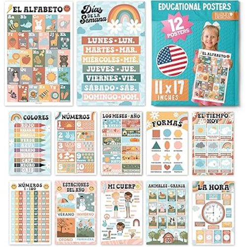 Hadley Designs Spanish Posters for Classroom - 12 Bilingual Educational Posters for Spanish Classroom Decorations Must Haves, Calendario y Alfabeto en Español Para la Pared, Colorful Teacher Supplies