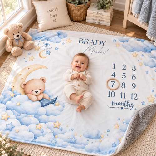 Personalized Milestone Blanket | Baby Monthly Milestone Blanket | Custom Baby Name Blanket | Baby Boy Milestone Gift | Bear Moon Nursery