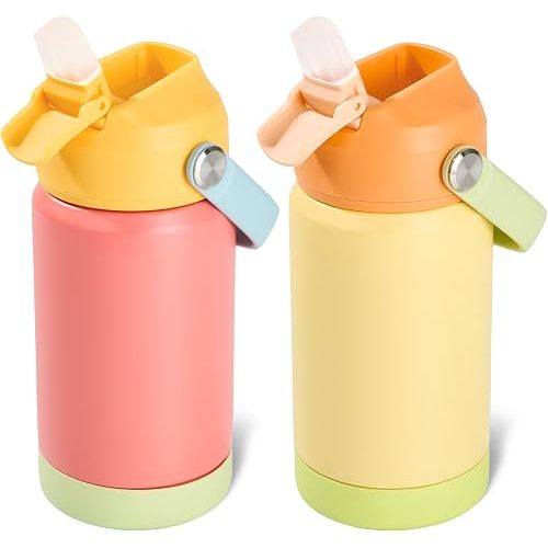 12oz Kids Water Bottle 2 Pack, Stainless Steel Insulated Water Bottle Bulk, Toddler Cups with Straws Leak-Proof, Kids Water Bottles for School Boys Girls, BPA Free, 2 Piece Set Sweet Couple