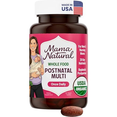 Mama Natural Organic Postnatal Vitamins for Women | One A Day Whole Food Postnatal Multivitamin for Breastfeeding & Postpartum Support | Non-GMO with Iron, Iodine & Moringa | 30 Servings