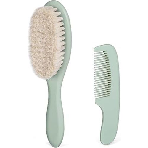 BumbleBee Newborn Baby Hair Brush & Comb Set - Wooden Brush with Soft Wool Bristles, Cradle Cap Brush for Boys, Girls & Toddlers, Sage