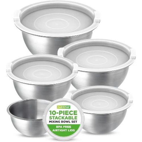 NutriChef 10-Piece Stainless Steel Kitchen Mixing Bowls with Lids - Stackable, Durable Design