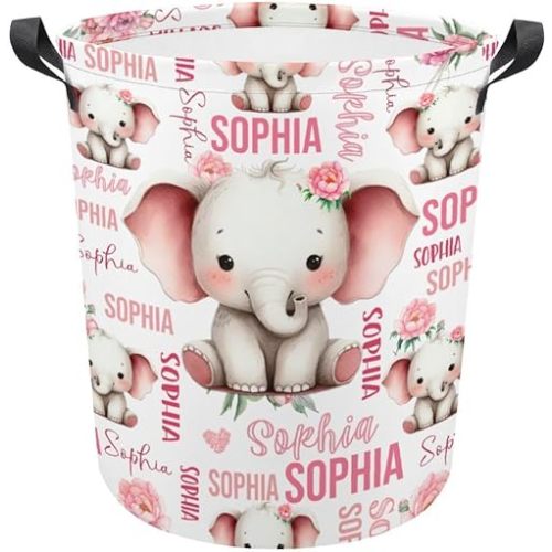Custom Elephant Laundry Baskets,Personalized Elephant Gifts,Customize Name Laundry Hamper for Boys Girls Adults,Collapsible Clothes Storage Organizer,16.5 x 13.8in