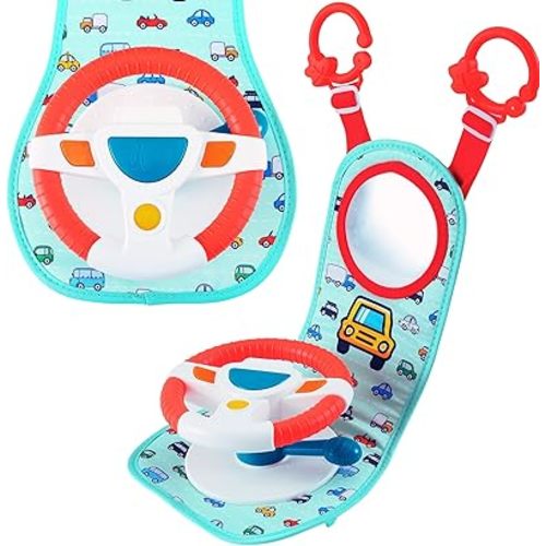 BETTERLINE Baby Car Seat Toy for Infants and Toddlers, Interactive Driving Steering Wheel with Lights, Music and Mirror, Realistic Driving Sounds - Can use for Stroller or Playpen, Adjustable Strap