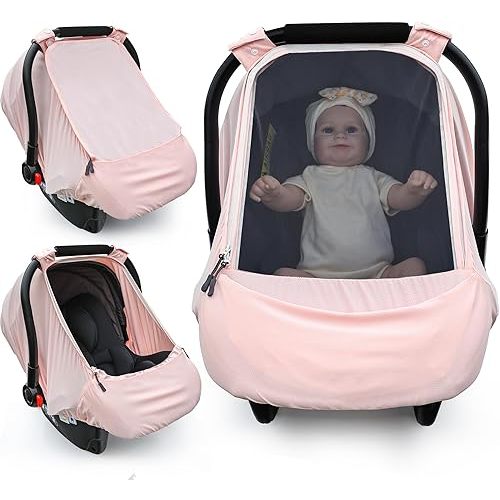Baby Car Seat Cover,Sunproof Car Seat Canopy for Babies, Extra Large Mesh Window Baby Car Seat Sun Shade Cover, Infant Carseat Covers for Summer/Autumn Use(Pink)