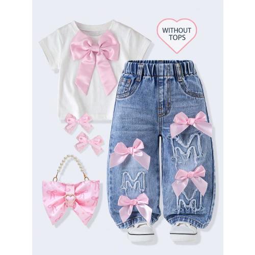 Genkimix Kids 1pc Baby Girl Denim Wide Leg Pants, Sweet & Cute Casual Vacation Style Recommended, Pink Bow 3D Felt Embroidery Lively & Playful, Light Blue Washed Denim, Elastic Waistband For Comfort And Easy Wear, Loose Fit, Suitable For Home, Outings, Da