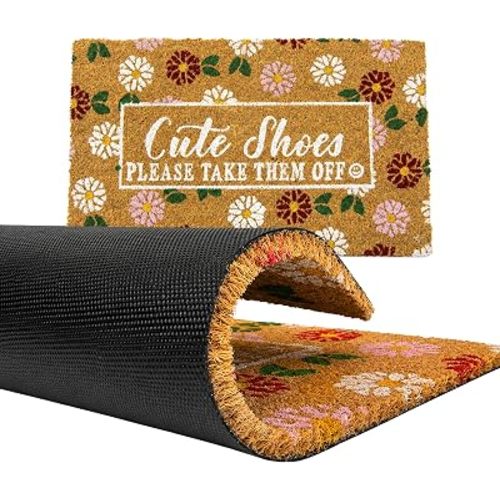 Everyday-Themed (Cute Shoes PLEASE TAKE THEM OFF) Natural Coir Front Door Mat 17.7 x 29.5 In, Outdoor Rug with Non-Slip Rubber Backing, Fade-Resistant Indoor Outdoor Rugs, Flat Woven Outdoor Patio Rug