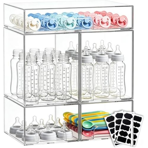 Baby Bottle Organizer Stackable, 5 Pack Clear Stackable Storage Drawers with 3 Stickers & 1 Pen, for Stationery, Cosmetics, Bathroom, Vanity, Countertop & Cabinet ((7.7" and 4.2" Tall and 12.2" Wide)