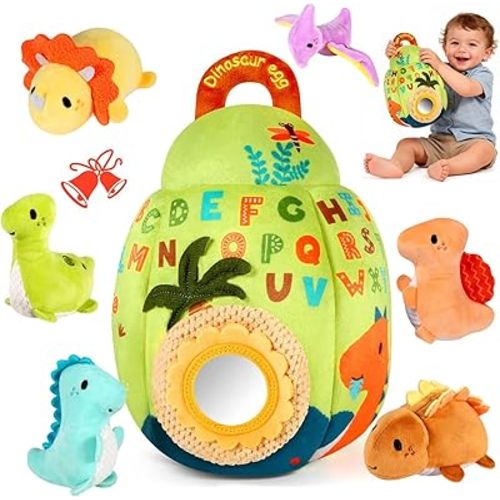 FREYBLI Baby Toys 6-12 Months - Soft Dinosaur Egg Toy with Rattle, Crinkle Paper, Squeaker, Mirror - 6 Month Old Baby Toys Boy Girl Gifts, Baby Sensory Montessori Toys for 6 Month Old Infant Toys