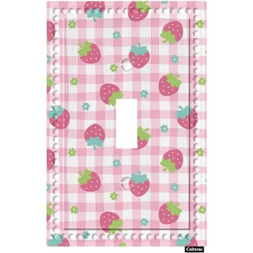 Strawberry Single Toggle Wall Plate Strawberry on Pink Plaid Farmhouse Light Switch Cover Plate 1 Gang Midway Size Home Living Room Kitchen Bathroom