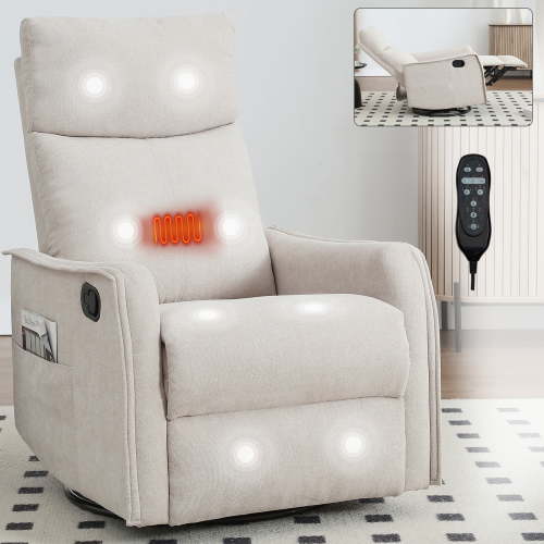 Holaki Manual Swivel Rocker Recliner Chair, 360° Swivel Recliner with Massage and Heat, Chenille Rocker Recliner Nursery Glider Chair with Side Pockets, Lumbar Support for Living Room, Beige