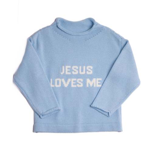 Blue Jesus Loves Me Sweater – Little Bear Smocks
