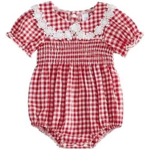 MERSARIPHY Newborn Baby Girl Summer Clothes Peter Pan Collar Plaid Flower Smocked Bubble Short Sleeve Romper One Piece Outfit