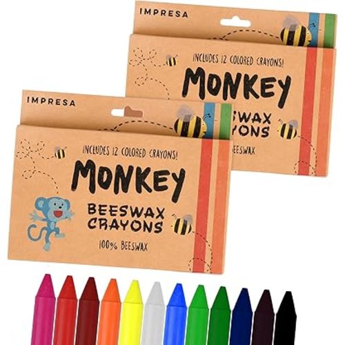IMPRESA Natural Beeswax Crayons - 12 Count (Pack of 2), Sharpener Included - Jumbo Chunky Triangle Toddler & Kids Crayon Set - Washable Unbreakable Bath & School Coloring Set