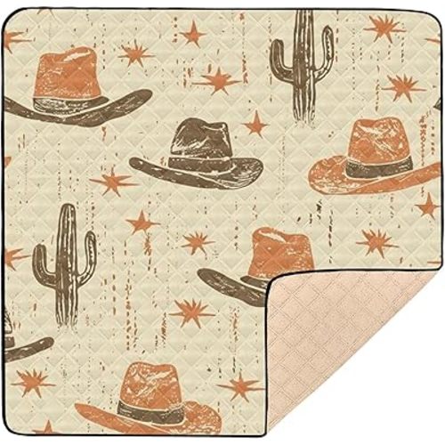 Baby Play Mat Desert Cowboy Hat and Cactus 50 x 50 Playpen Baby Mats for Floor Play Gym Crawling Mat Non-Slip Cushioned Playmat for Infants, Babies, Toddlers