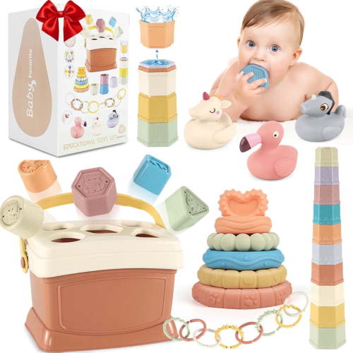 32PCS 6-12-18 Months 5-in-1 Montessori Education Toys , Baby Stacking Toys Bath Toys Newborn Toys Shape Sorters Toy for Toddler 1-3 ,Boys Girls Birthday Gifts