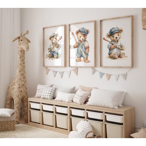 Baseball Nursery Teddy Bear Art Prints