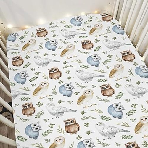Watercolor Owls Boho Leaves Baby Crib Sheets for Boy Girl 28"x52" Owl Breeds Green Leaves Soft Snug Fitted Crib Mattress Cover Vintage Birds Nursery Baby Sheet for Standard Crib & Toddler Mattress