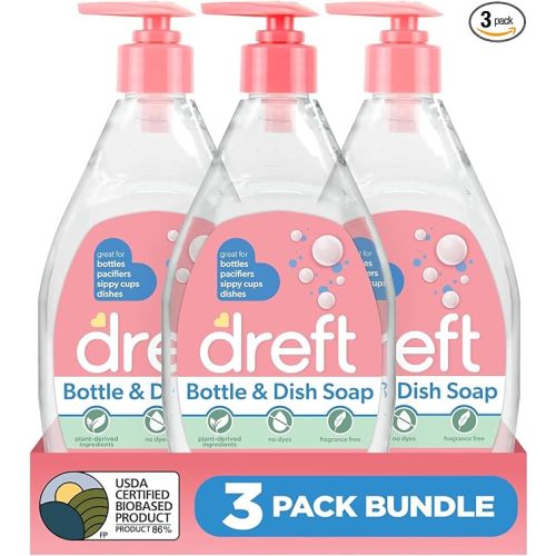 DREFT Bottle and Dish Soap | Made to Clean Baby Bottles, Sippy Cups, Pacifiers, Breast Pumps, & More | Gently Removes Milk Film & Odors | Plant Based, Fragrance Free Dish Soap | 18 Fl Oz (Pack of 3)
