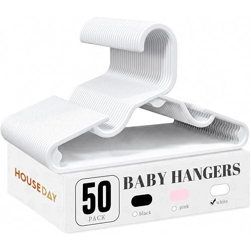 HOUSE DAY Baby Hangers 50 Pack - Durable Plastic Infant & Kids Clothes Hangers, Thin Compact Space-Saving Design for Nursery/Children's Closet, Toddler Small Hangers White (Infant/Baby/Toddler/Kids)