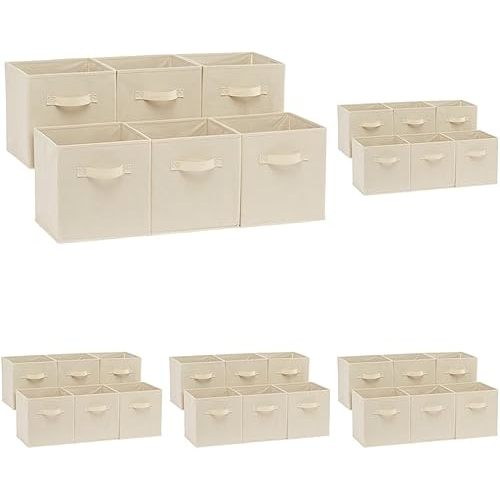 Amazon Basics Collapsible Fabric Storage Cubes Organizer with Handles, Sturdy, Beige, 10.5-x-10.5-x-11-inch, Pack of 6
