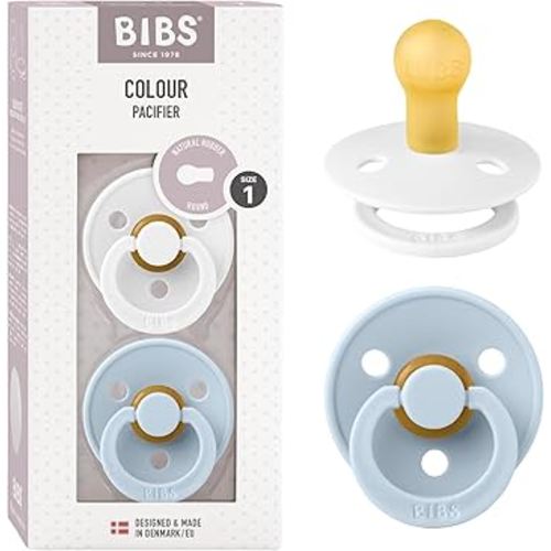 BIBS Pacifiers Colour Collection | Natural Rubber Baby Pacifier | Set of 2 BPA-Free Soothers | Made in Denmark | 0+ Months (Pack of 2) | Baby Blue/White
