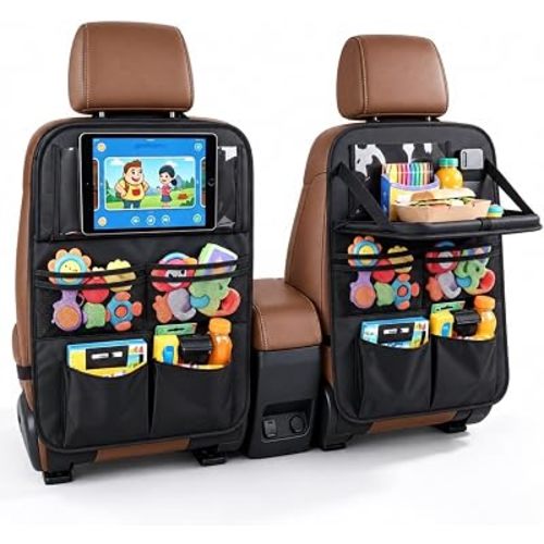 Car Backseat Organizer 2-Pack with Tablet & Storage Tray, Waterproof 600D Oxford Fabric Seat Back Protector, Kick Mats, Adjustable Straps Fit Most Vehicles, Road Trip Essentials for Kids