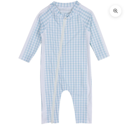 SwimZip Sunsuit - Long Sleeve Romper Swimsuit | "Blue Gingham"