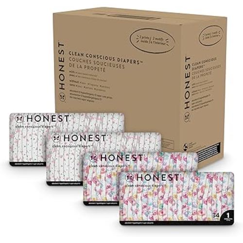 The Honest Company Clean Conscious Diapers | Plant-Based, Sustainable | Rose Blossom + Tutu Cute | Super Club Box, Size 1 (8-14 lbs), 136 Count